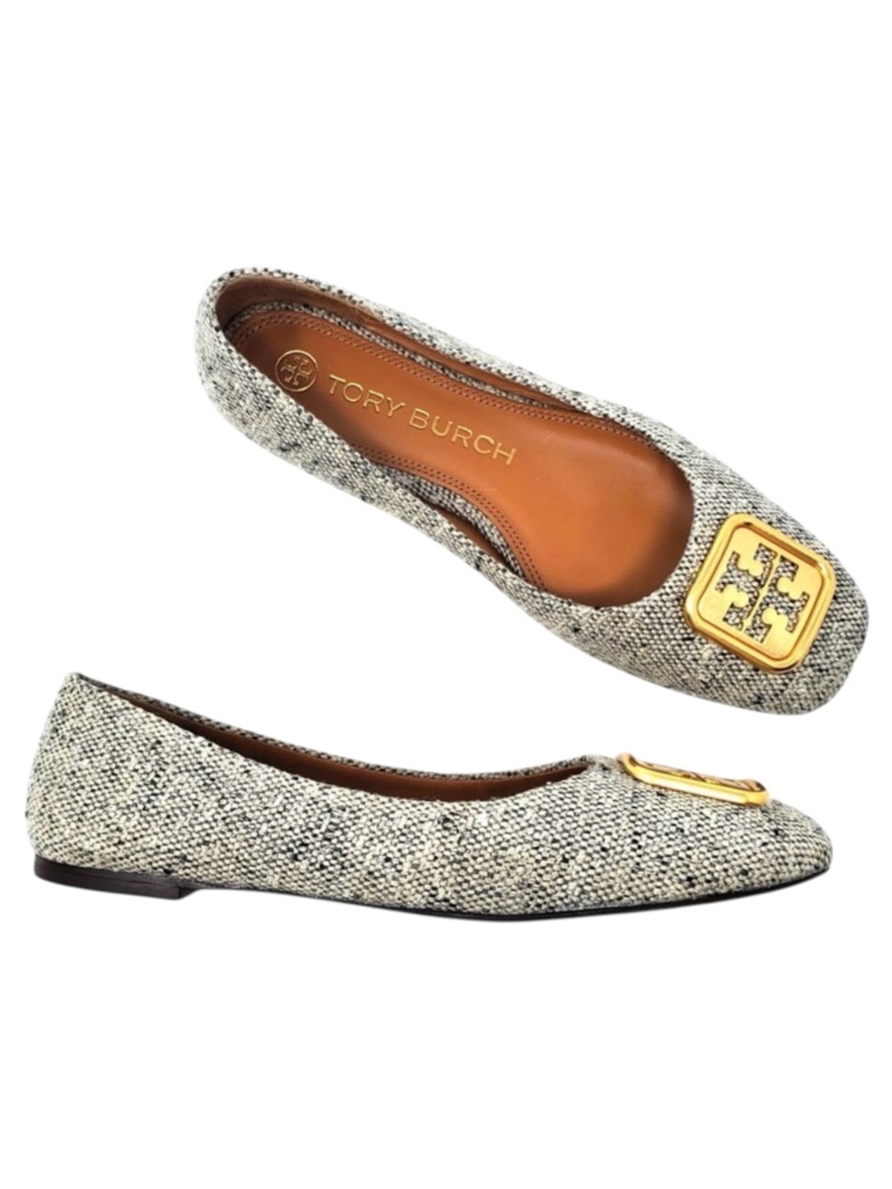 Tory Burch Georgia Ballet Flats Square Toe Rustic Linen Wool Gold 87306 Size 8 M